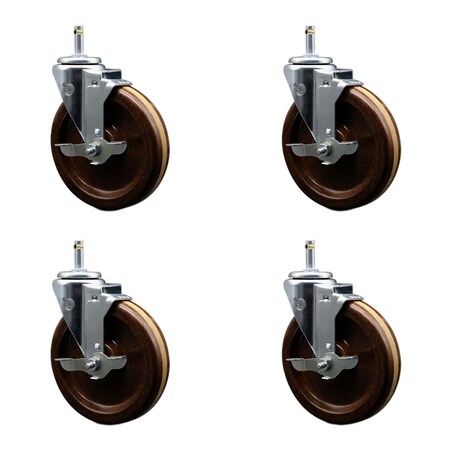 Service Caster 6'' High Temp Phenolic Swivel 7/16'' Grip Ring Stem Caster Set with Brake, 4PK SCC-GR20S615-PHSHT-TLB-716138-4